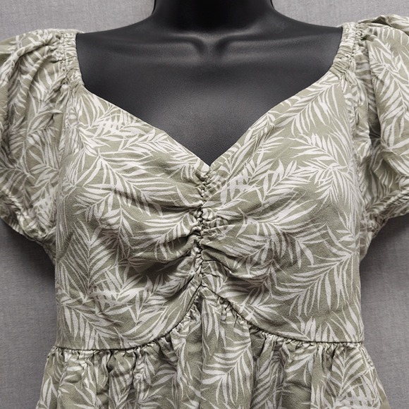 Japna Babydoll Top Cottagecore Boho Floral Ruched Smocked Ruffle Sleeve Sage L - Picture 3 of 12